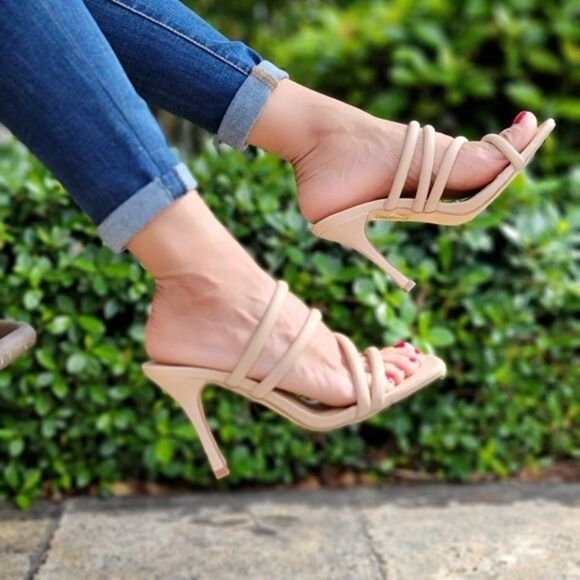 Nude Square Toe Padded Strappy Heel Sandals - Picture 7 of 7